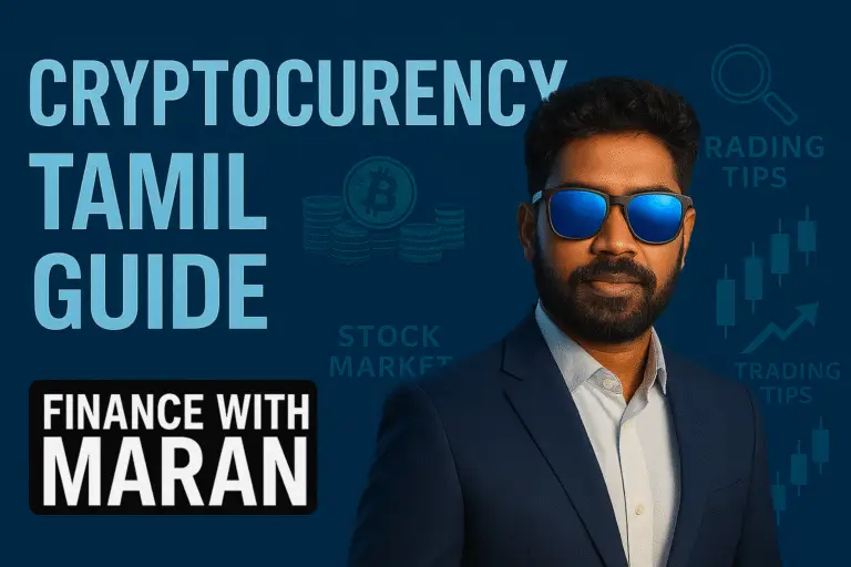 Maran in a professional look with sunglasses, promoting a Tamil guide on cryptocurrency with a finance and stock market background.