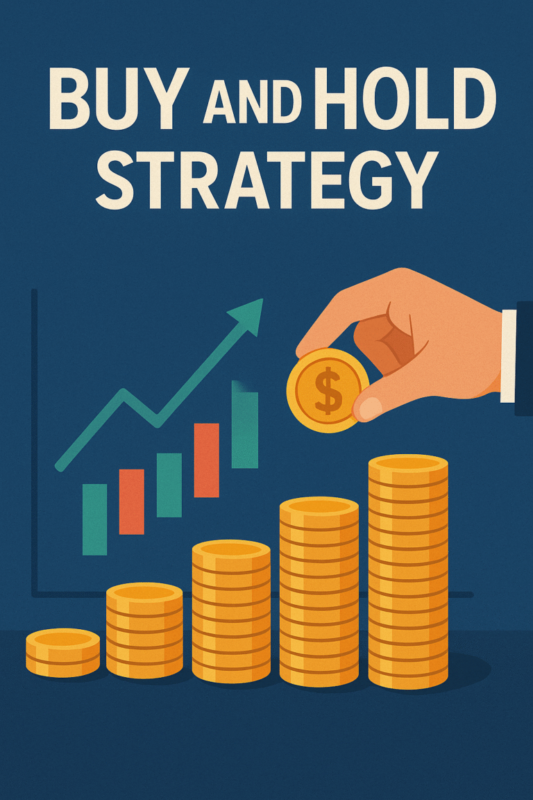 Illustration of Buy and Hold Strategy with rising coin stacks, candlestick chart, and investor hand holding gold coin on blue background