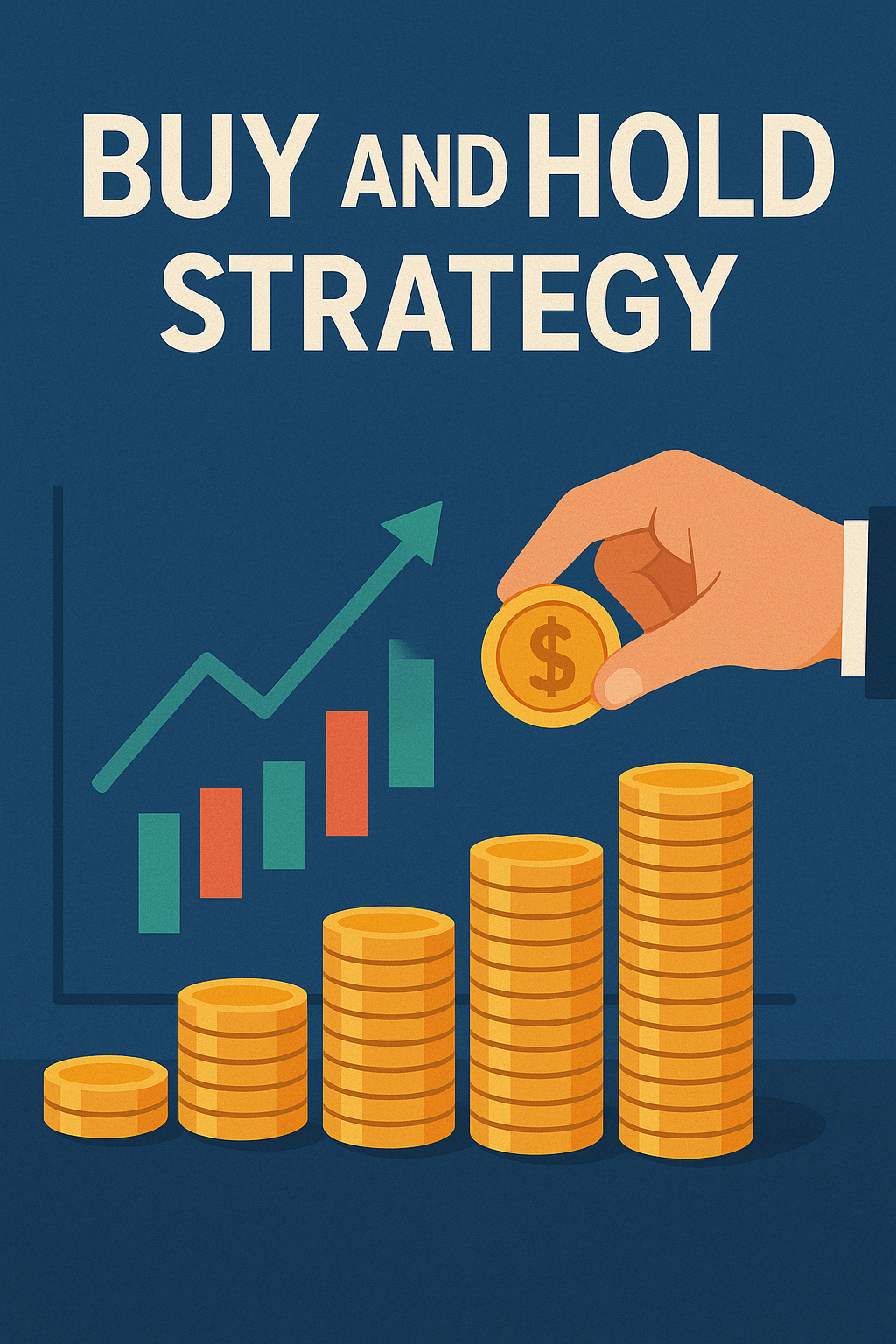 Illustration of Buy and Hold Strategy with rising coin stacks, candlestick chart, and investor hand holding gold coin on blue background