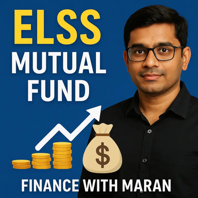 ELSS mutual fund promotional banner with Finance with Maran logo and financial growth icons