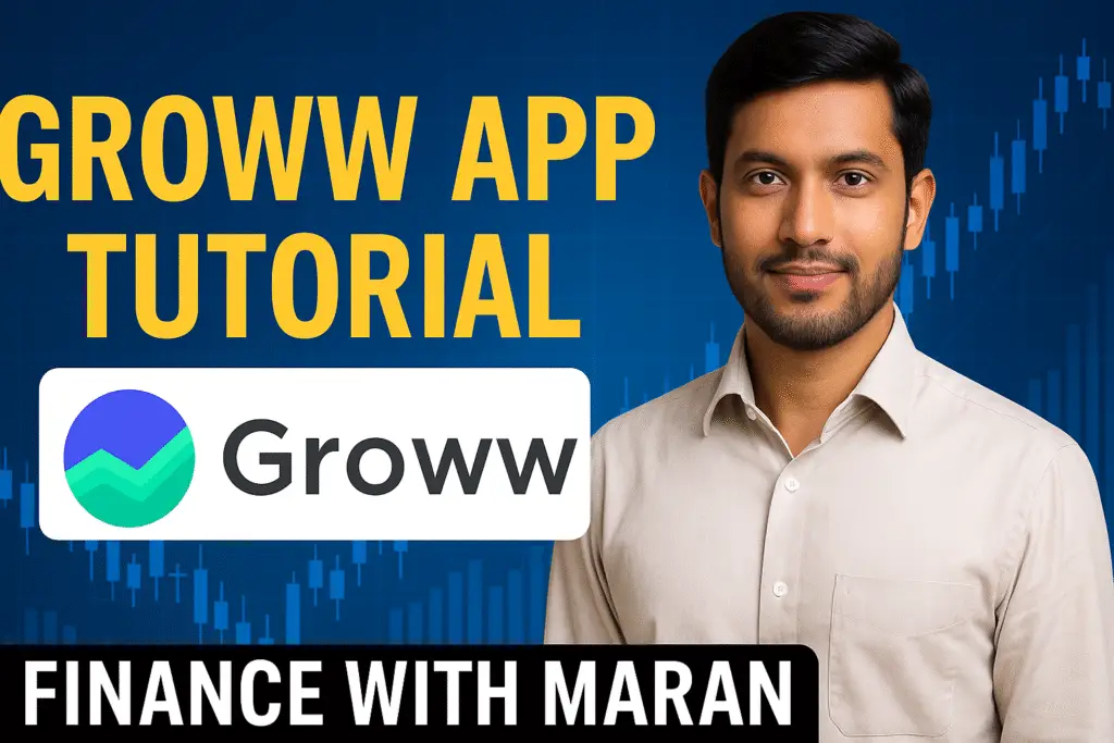 Groww App Use Tamil Tutorial Mobile screen showing Groww App dashboard (with SIP, MF, Stocks tab visible) + side text in Tamil “Groww App பயிற்சி”