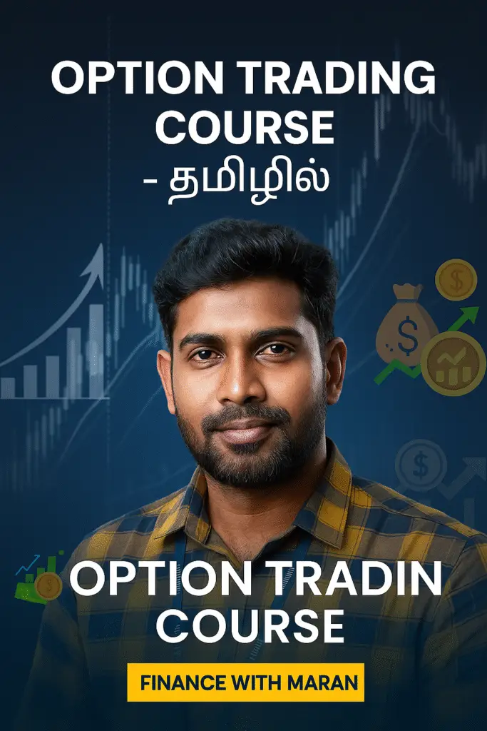 Option Trading Course Banner тАУ FinanceWithMaran Tamil Version Tamil-speaking man in professional attire promoting Option Trading Course in родрооро┐ро┤ро┐ро▓рпН with finance, stock market, and money-themed background, branded Finance with Maran