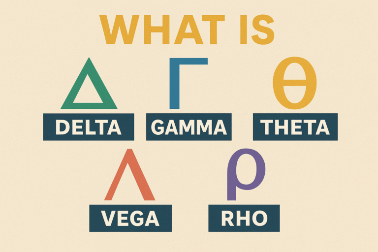 "Greek letters Delta, Gamma, Theta, Vega, and Rho with names on beige background"