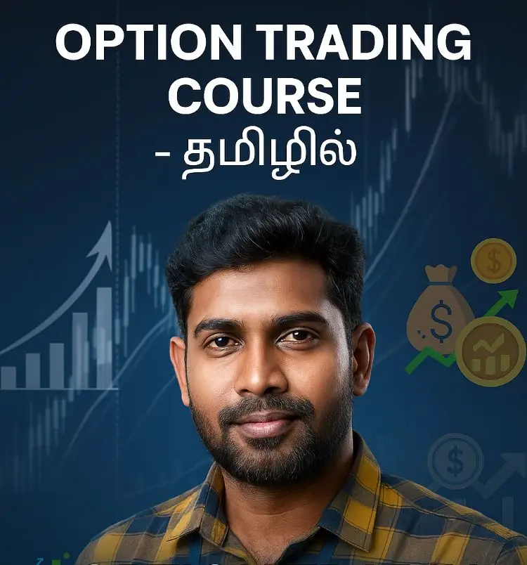 amil-speaking man in professional attire promoting Option Trading Course in தமிழில் with finance, stock market, and money-themed background, branded Finance with Maran