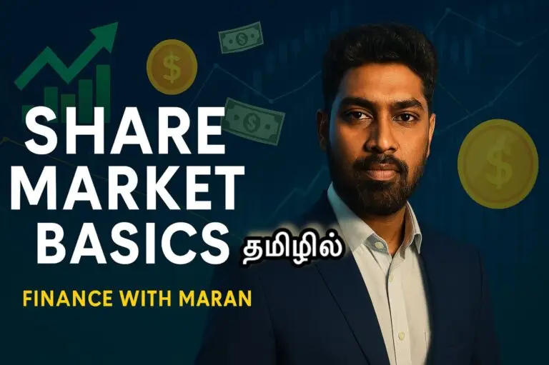 Maran in a professional look explaining Share Market Basics with stock market background