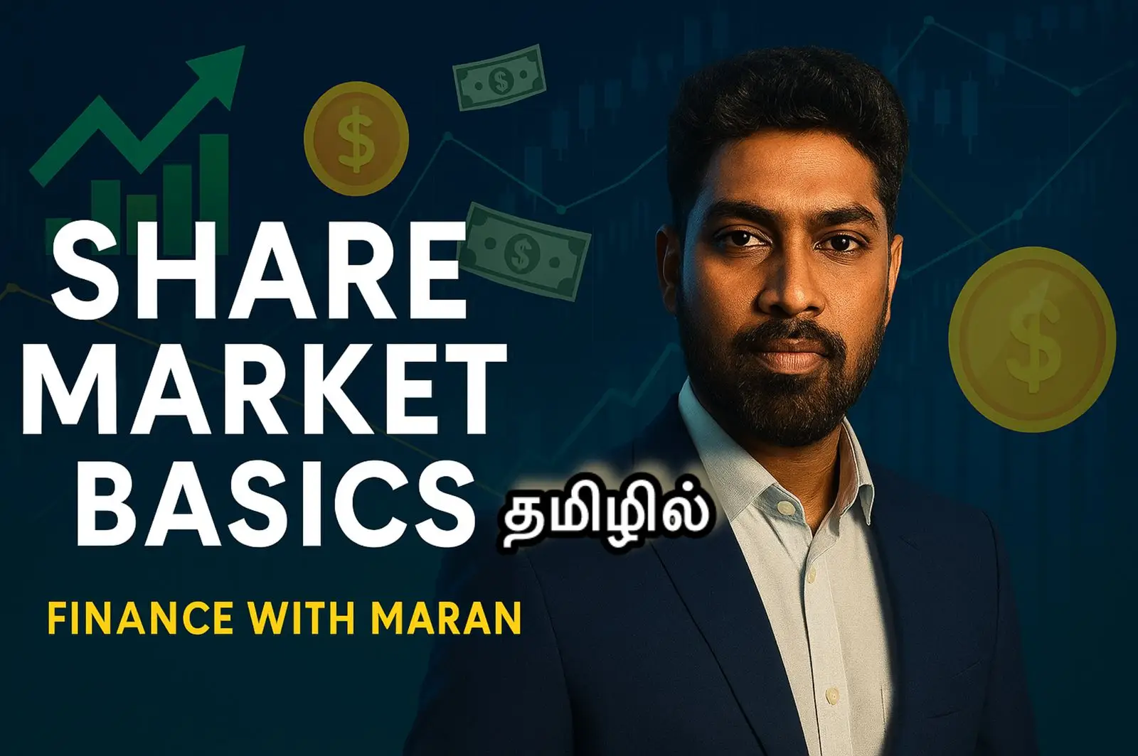 Maran in a professional look explaining Share Market Basics with stock market background