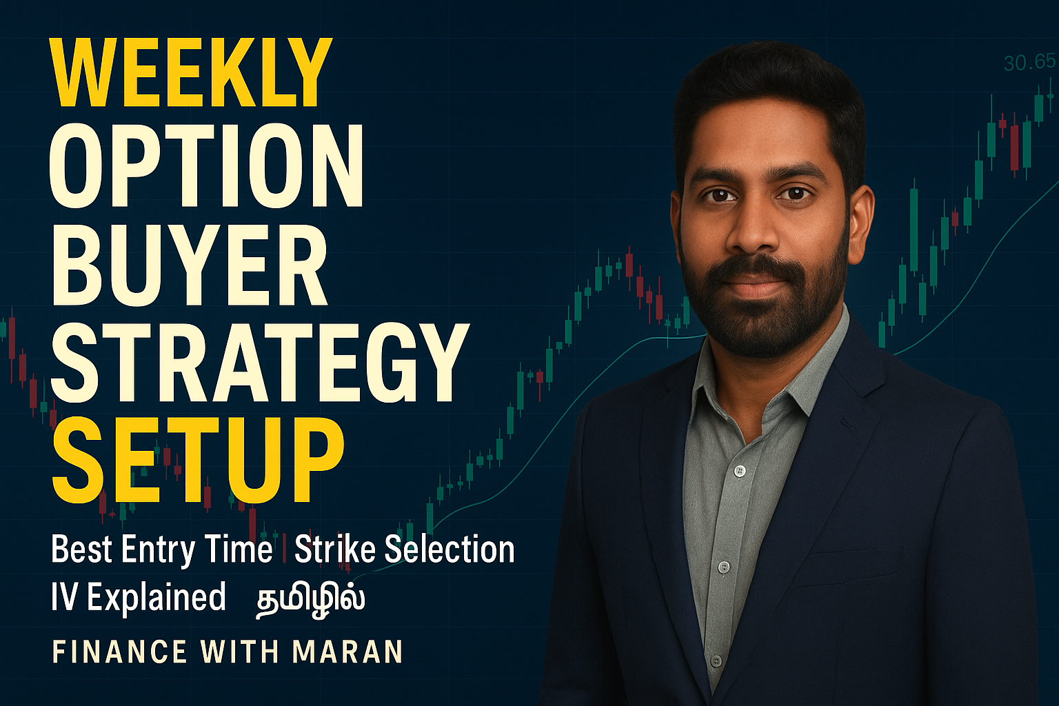 Tamil Option Trading Course Thumbnail – Weekly Buyer Strategy with Maran and candlestick chart background