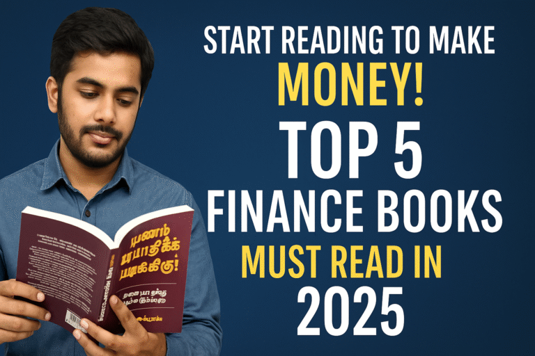 Young man reading Tamil finance book with motivational quote