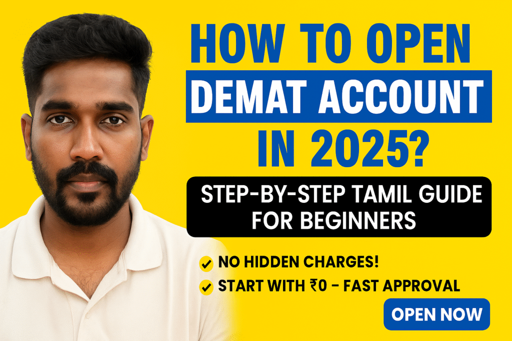 “How to Open Demat Account in 2025?” "How to open Demat account in 2025 – Tamil step-by-step guide thumbnail with finance blogger"