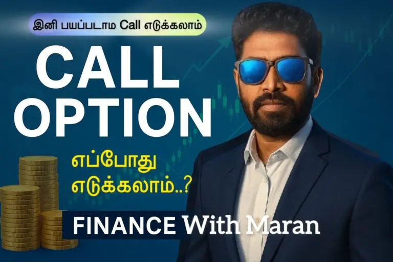 Call Option Buy Strategy Thumbnail – Finance with Maran Tamil Tutorial with Stock Market Background