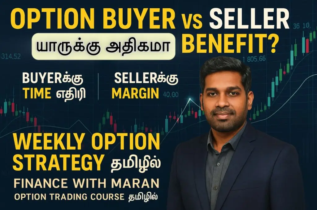Weekly Option Buyer Strategy in родрооро┐ро┤ро┐ро▓рпН тАУ FinanceWithMaran "Weekly Option Buyer Strategy in Tamil with FinanceWithMaran face and stock chart background"