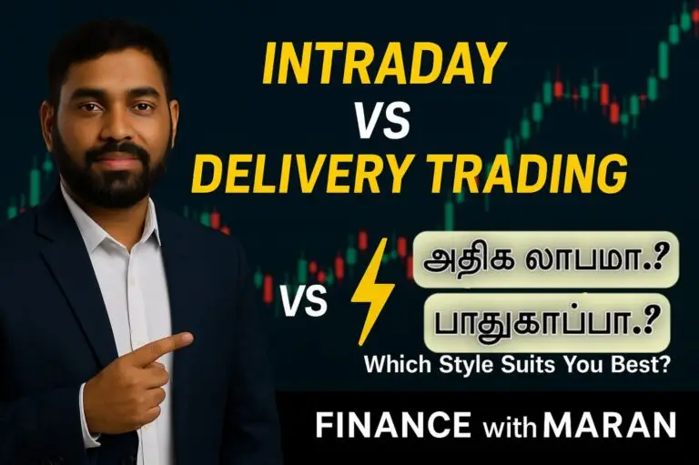 Maran in a finance-themed thumbnail comparing Intraday vs Delivery Trading in Tamil with chart background