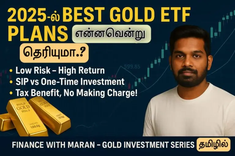 Finance With Maran Gold ETF vs Physical Gold comparison thumbnail in Tamil-English mix with stock market background and male investor photo