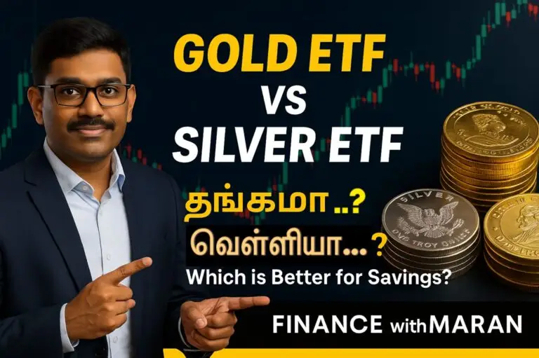 Finance With Maran Gold vs Silver ETF investment comparison image with Tamil-English text, investor photo, and stock market background