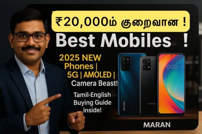 Maran pointing at top budget smartphones under ₹20,000 in Tamil with mobile icons and 2025 tech background