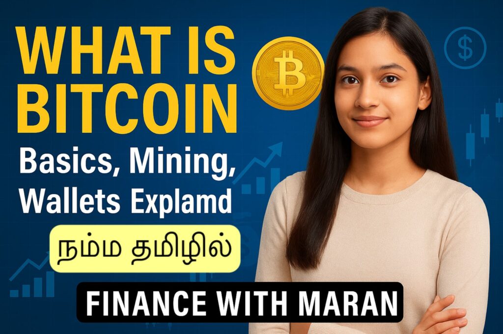 What is Bitcoin – Basics, Mining, Wallets Explained தமிழில் | Finance with Maran Thumbnail featuring a young woman with text "What is Bitcoin – Basics, Mining, Wallets Explained தமிழில்" and tagline "Finance with Maran", with Bitcoin and finance-themed icons in the background.