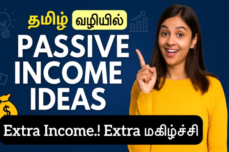 Passive Income Ideas in Tamil for Students and Employees – Thumbnail with smiling woman pointing upward