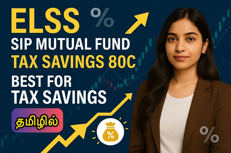 ELSS SIP Mutual Fund Thumbnail Featuring Tax Savings under 80C with Young Woman and Financial Growth Chart – Tamil Finance Blog