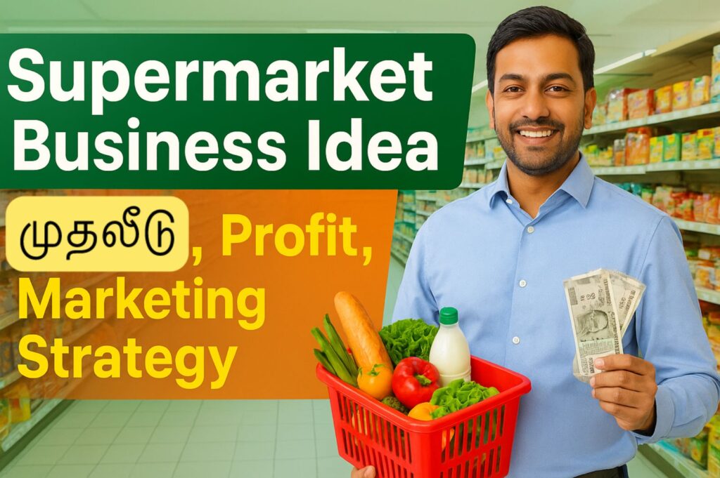“Supermarket Business Idea Tamil – Store owner with shopping basket and profit strategy 2025”