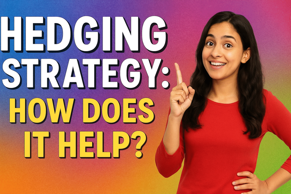 Hedging Strategy in Options Trading – Protect Your Capital Colorful thumbnail showing a confident woman pointing upward with text Hedging Strategy How Does It Help representing options trading risk management and capital protection.